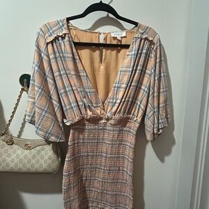 Mable Peach and Cream Plaid V-Neck Smocked Midi Dress